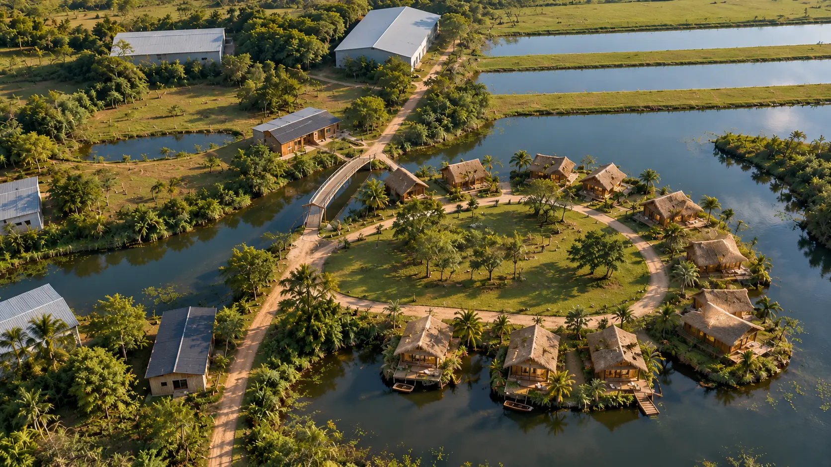 Conceptual aerial view of the cabins and paths between the canals