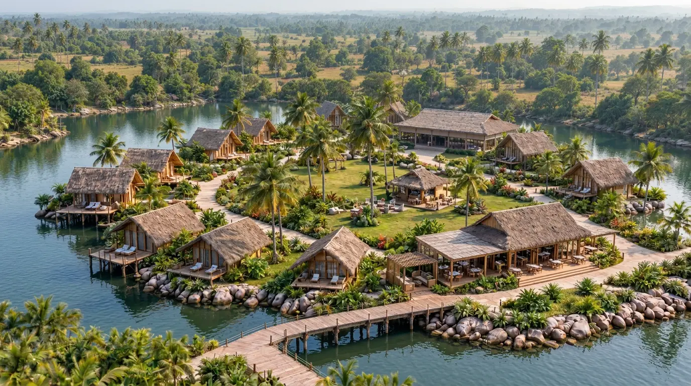 Conceptual visualisation of cabins beside the water and surrounded by greenery