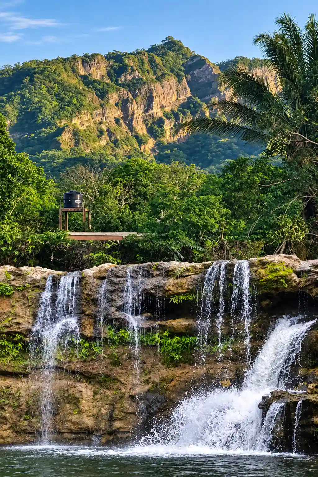A waterfall beneath green hills and rock formations