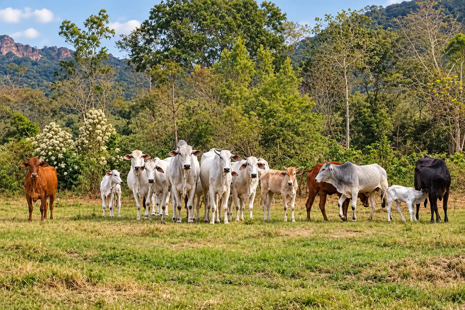 Ganado en una pradera rodeada de colinas y árboles
