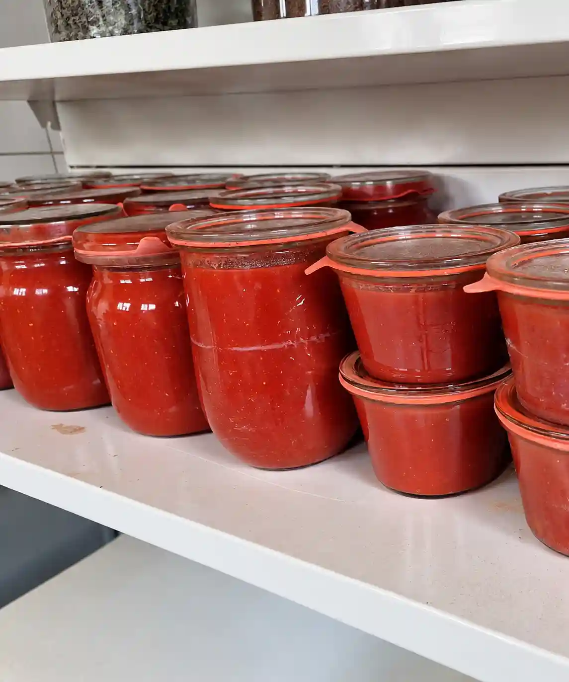 Frascos de conservas rojas en una estantería