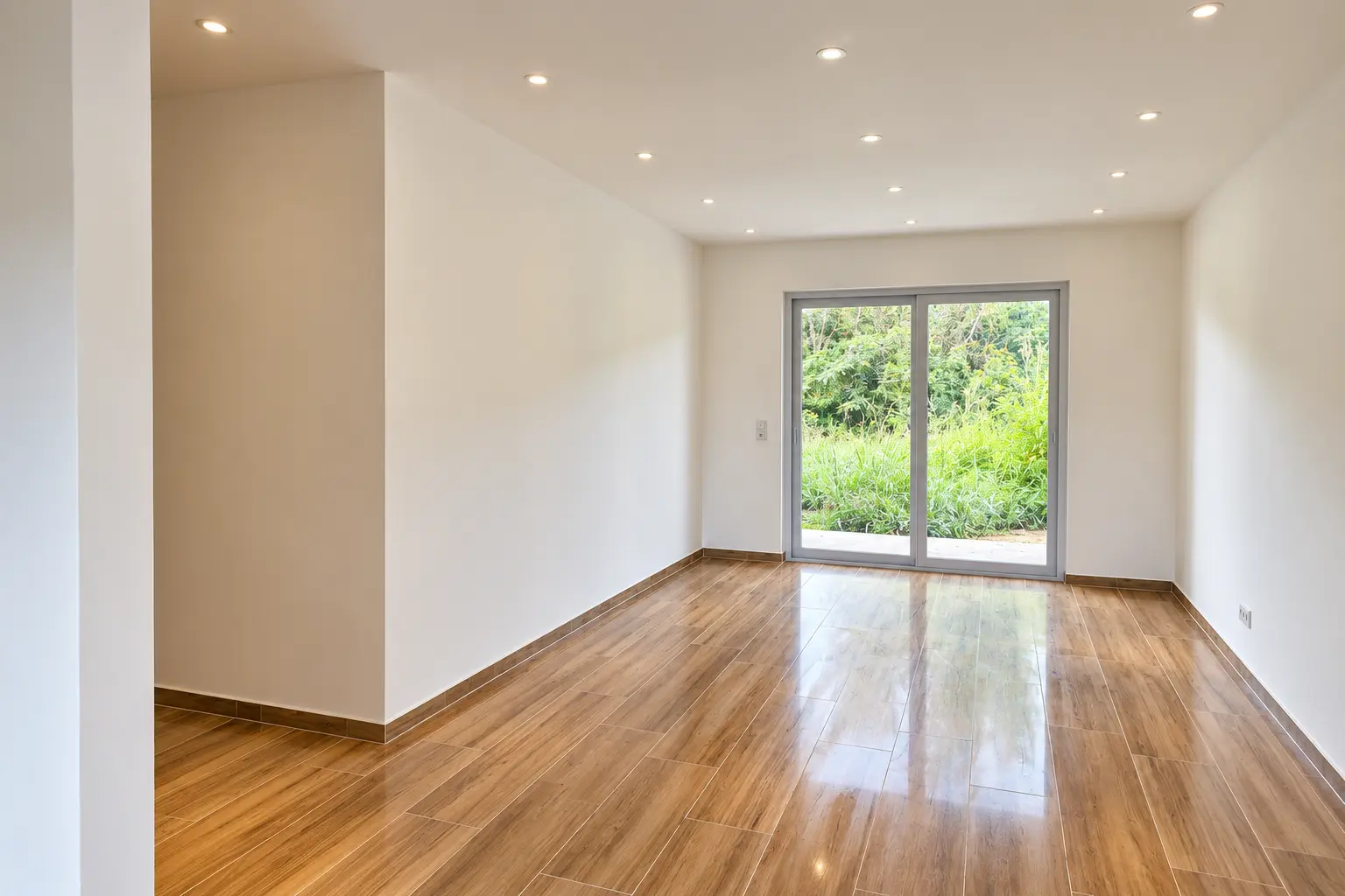 Heller Raum mit Holzboden und Zugang zum Garten